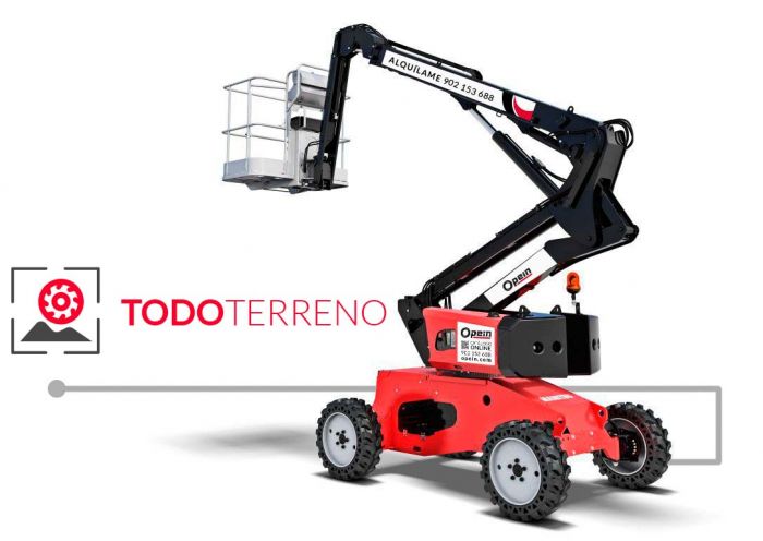 Opein | Alquiler y venta de plataforma elevadora articulada todoterreno diésel Manitou man go de 12 metros 230kg en Canarias y Madrid.