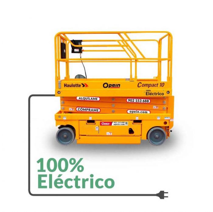 Opein | Alquiler y venta de elevador de tijera eléctrica Haulotte compact de 10 metros interior-exterior 450kg en Canarias y Madrid.